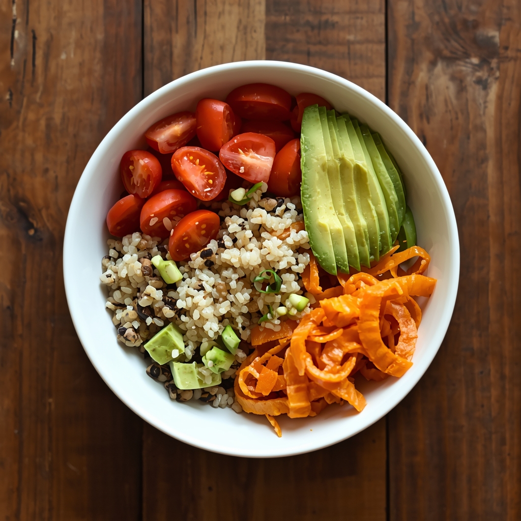 A top-down view of a colorful healthy food bowl with quinoa, avocado, and vegetables on a wooden table, representing nutrition, no people